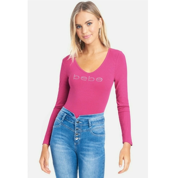 bebe Tops - Bebe Crystal Logo Y2K Pink Long Sleeve Top